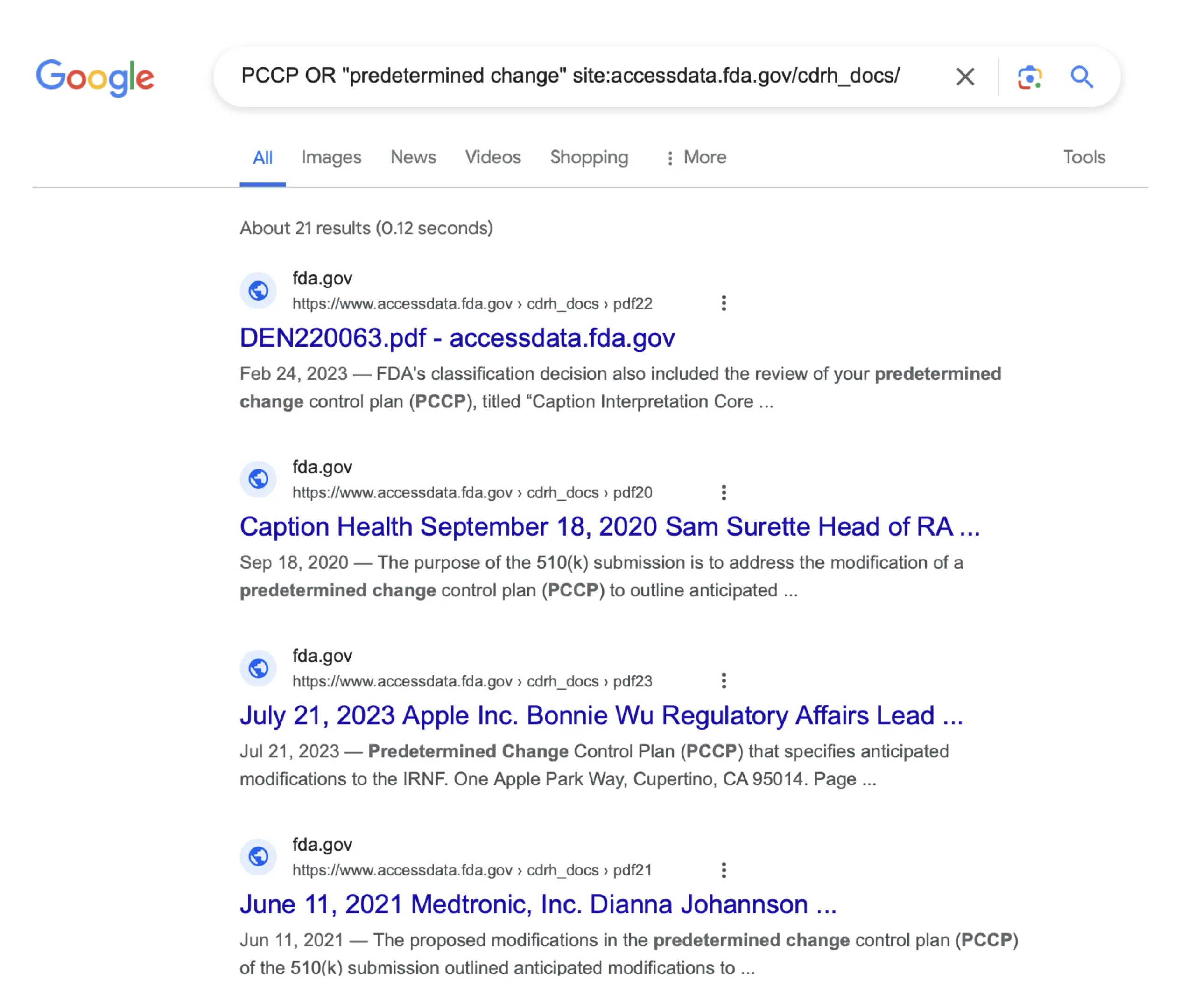 The figure shows Google search results for devices with PCCPs as of 2024-04-19. 21 results were found using a query for "PCCP OR "predetermined change" site:accessdata.fda.gov/cdrh_docs/". The first four results are shown, including DEN220063 from Caption Health, a 510(k) from Caption Health, a 510(k) from Apple, and a 510(k) from Medtronic.